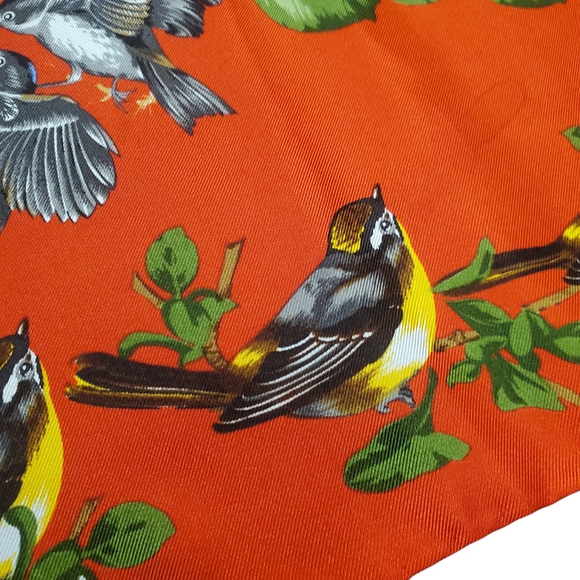 100% Silk Bird Print Scarf. 34" x 34". Orangish Red w/ Multicolor Birds - Picture 9 of 13